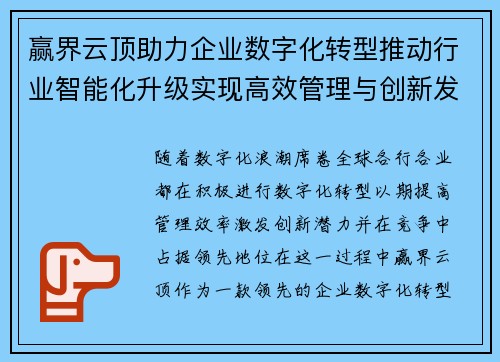 赢界云顶助力企业数字化转型推动行业智能化升级实现高效管理与创新发展
